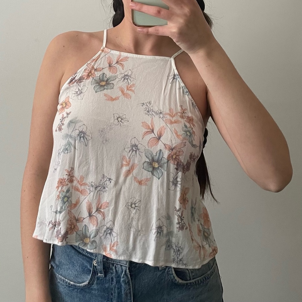 Floral white, blue and pink dainty top size Small